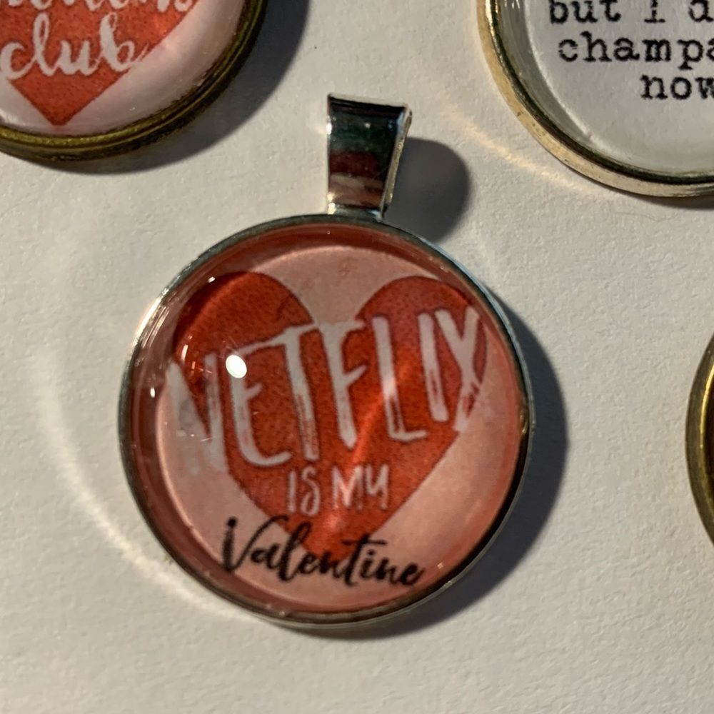 NETFLIX is my Valentine- silvertone pendant with vegan leather cord - Picture 2 of 2